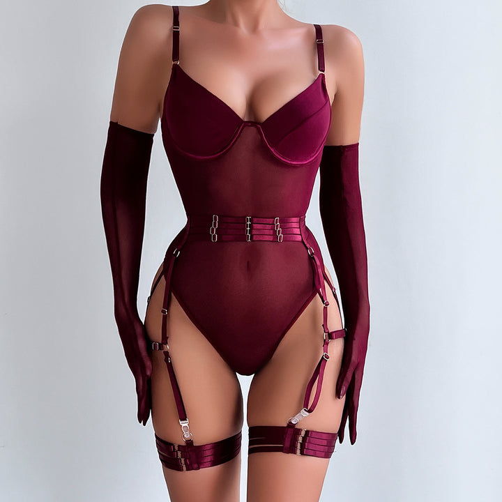 Crimson Control Mesh Bodysuit Lingerie Set