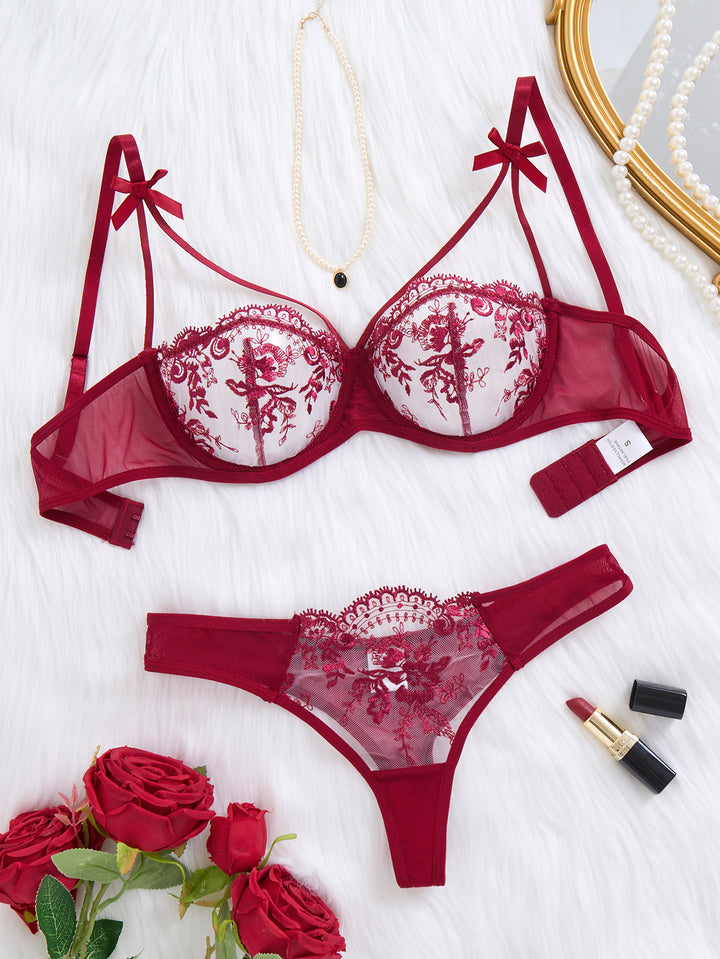 Scarlet Bloom Embroidered Lingerie Set