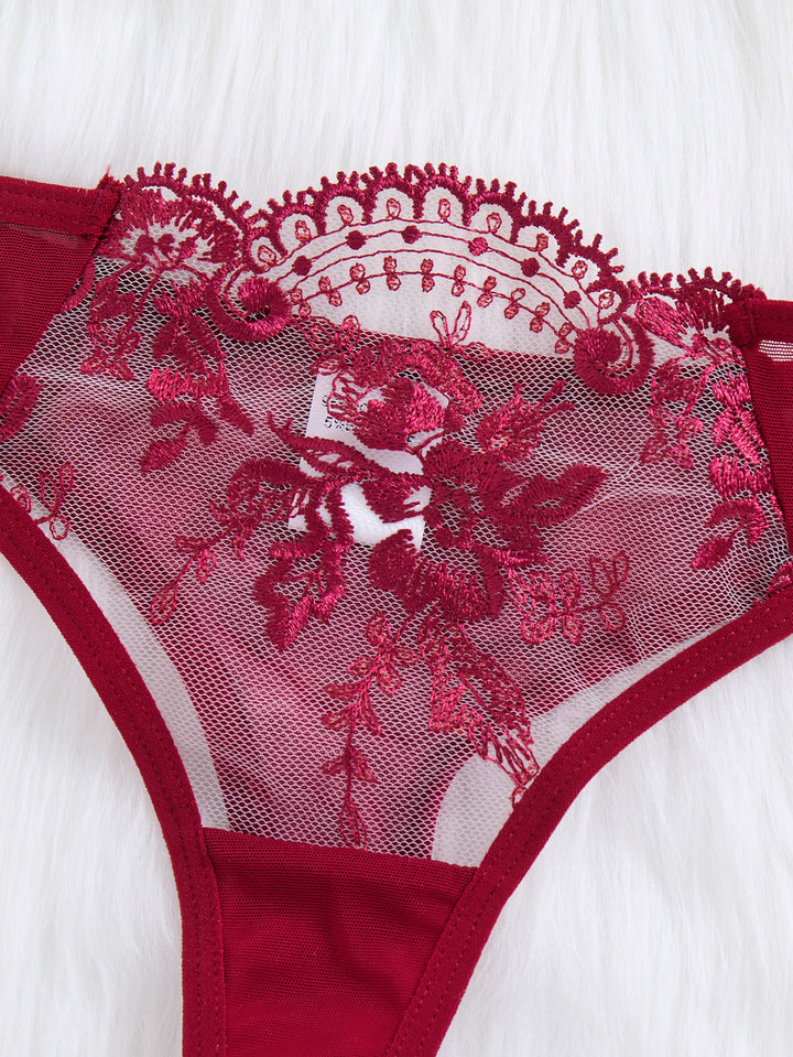 Scarlet Bloom Embroidered Lingerie Set