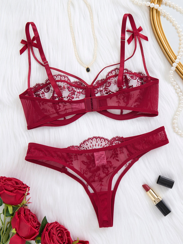 Scarlet Bloom Embroidered Lingerie Set