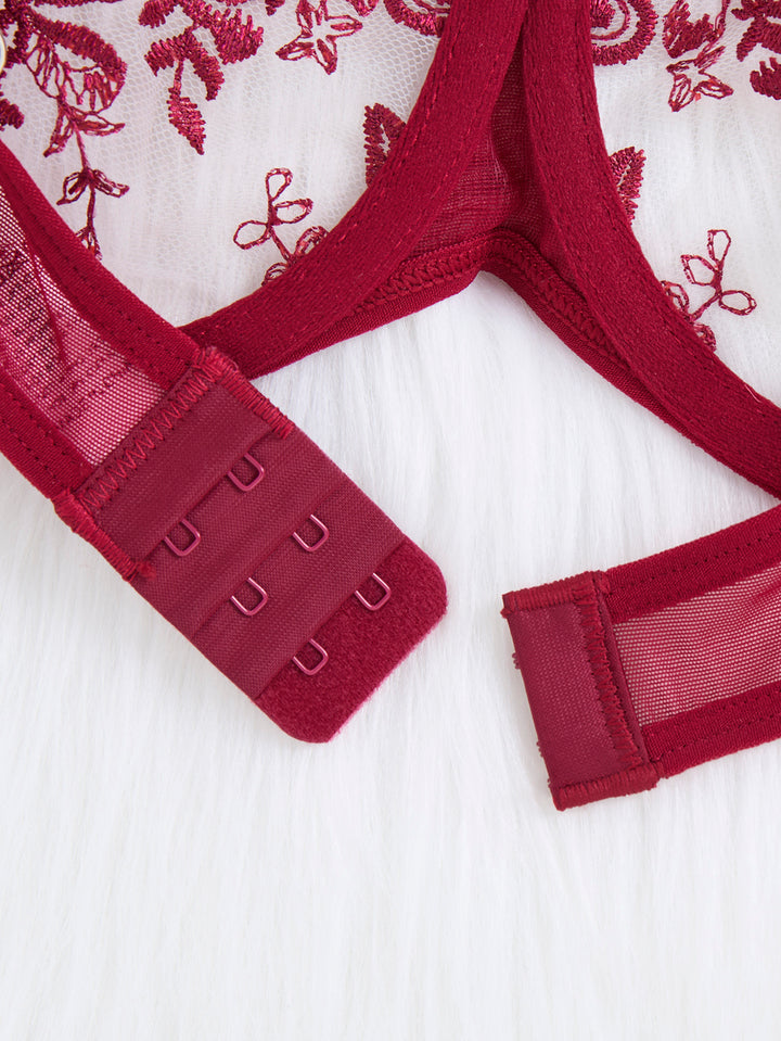 Scarlet Bloom Embroidered Lingerie Set