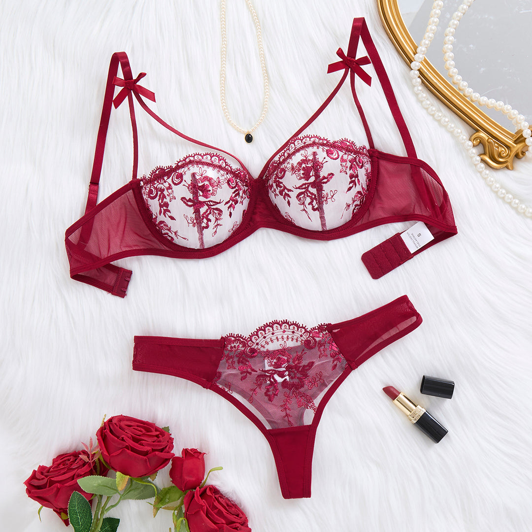 Scarlet Bloom Embroidered Lingerie Set