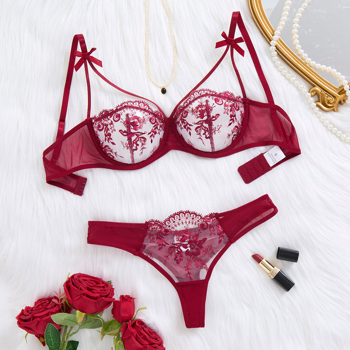 Scarlet Bloom Embroidered Lingerie Set